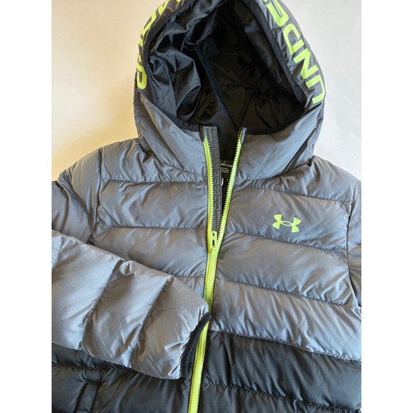 Under Armour Youth Medium Gray Black Green Puffer Jacket Winter Coat Outwear - Picture 1 of 9